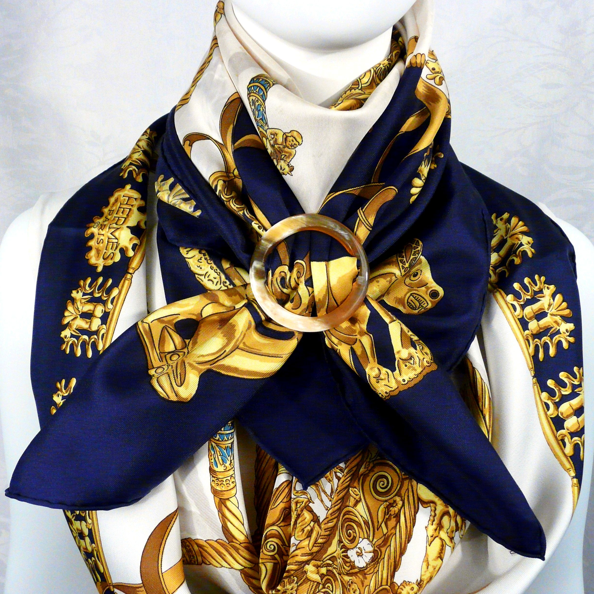 2 Cavaliers d’Or HERMES Scarves with Grand Rond Anneau Horn Scarf Ring ...